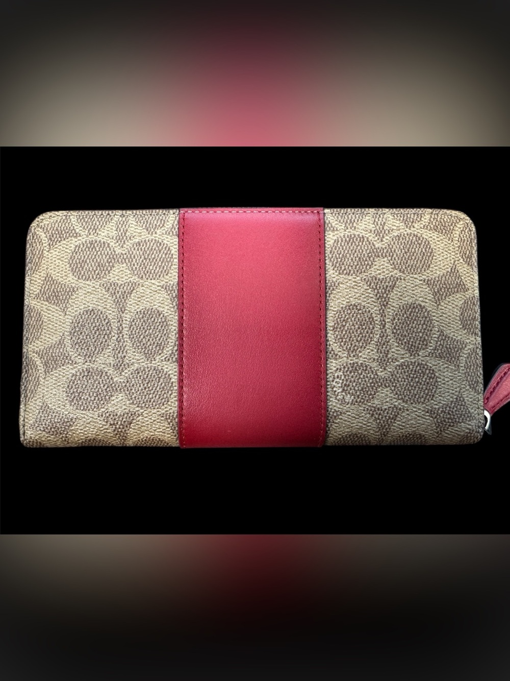 Coach Zip-Around Signature Wallet Tan & Burgundy - Picture 4 of 9